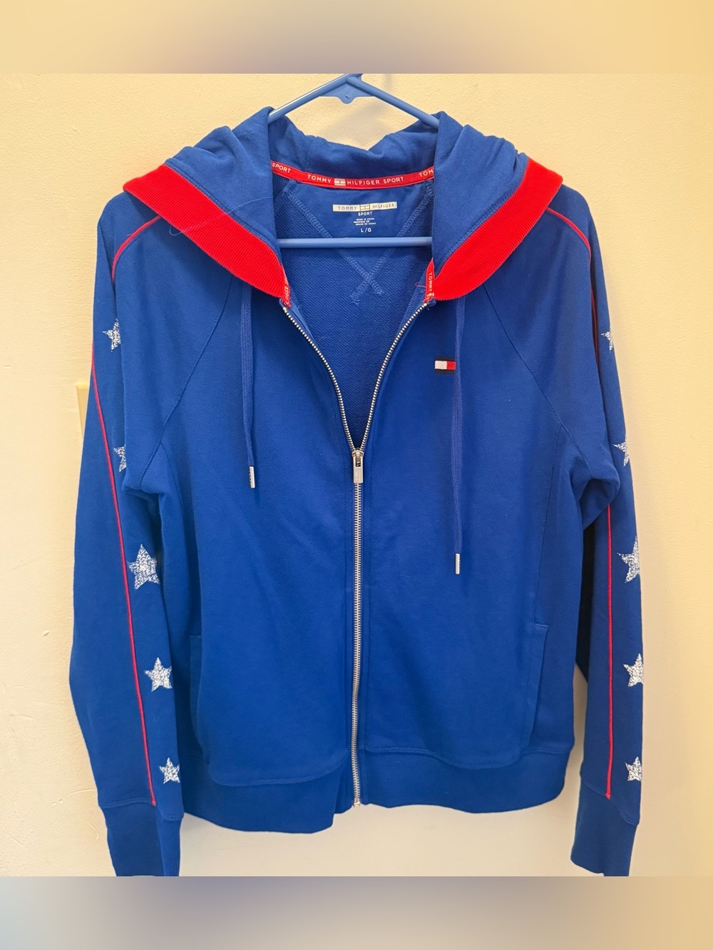Tommy Hilfiger Women’s Large Blue Zip-Up Hoodie with Red Trim and White Stars